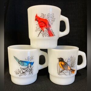 Fire King Stacking 3 Mugs Song Bird Cardinal BlueJay BaltimoreOriole Milk Glass